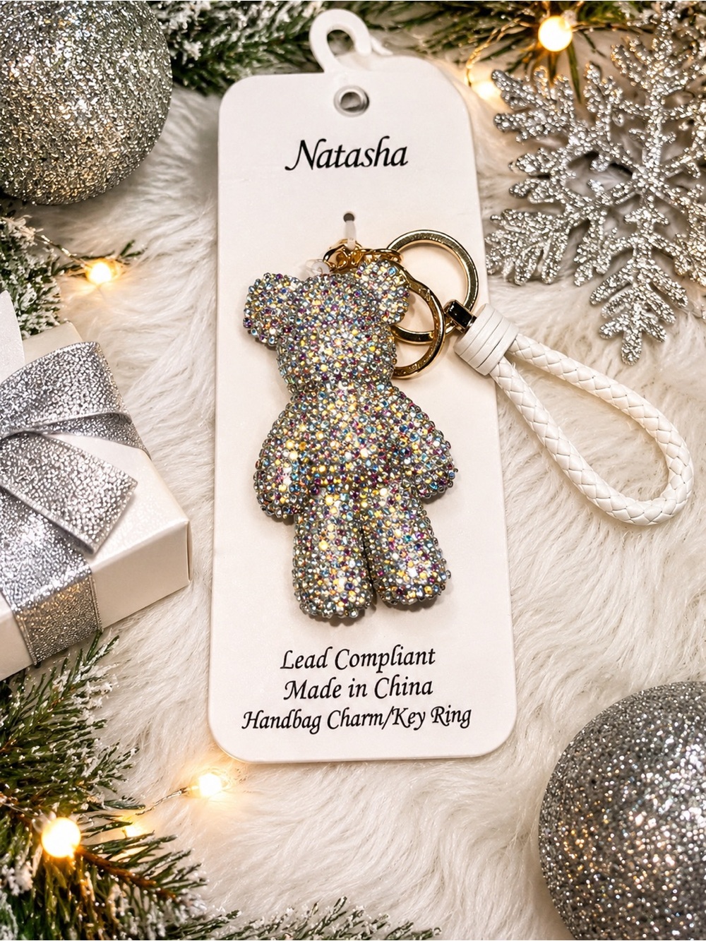 ✨🧸 NEW NATASHA SPARKLY RHINESTONE TEDDY BEAR HANDBAG CHARM / KEY RING 🧸✨